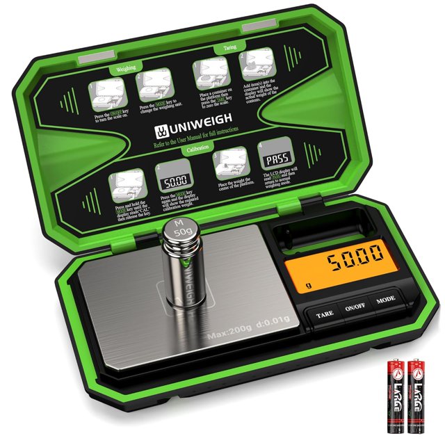 UNIWEIGH Digital Pocket Scale 200g/0.01g, Digital Scale Grams, Jewelry Scale, Coins Scale with 50g Cal Weights for Powder, (Battery Included)-Fluorescent Green