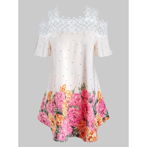 Más el tamaño de la flor impresiones Abra el Panel de hombro a cielo abierto del tee Rosegal Camisetas tallas grandes