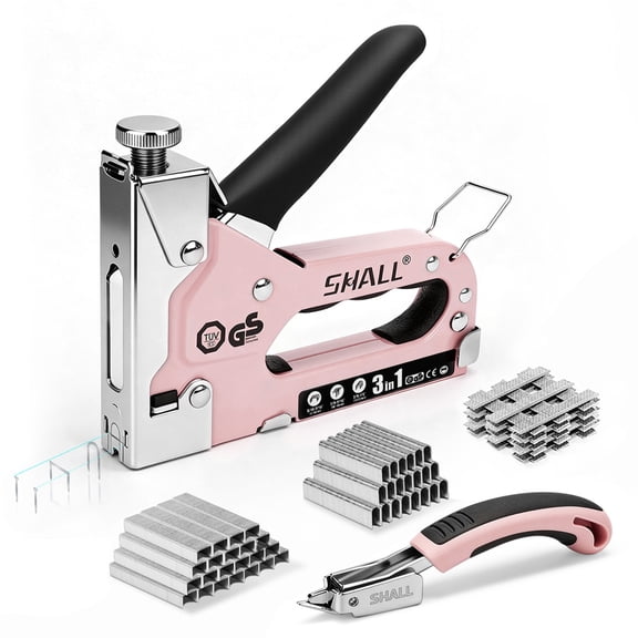 SHALL Staple Gun Heavy Duty, 3-in-1 Upholstery Staple Gun Kit with 3000 Staples, Staple Remover, Manual Brad Nailer with Specific Staples Outlet Position Indicator Pink