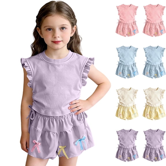 Piuwrlz 4-5 T Girl Outfit Sets Short Sets Summer Crew Neck T-Shirt and Shorts Set Purple Size 4-5 T