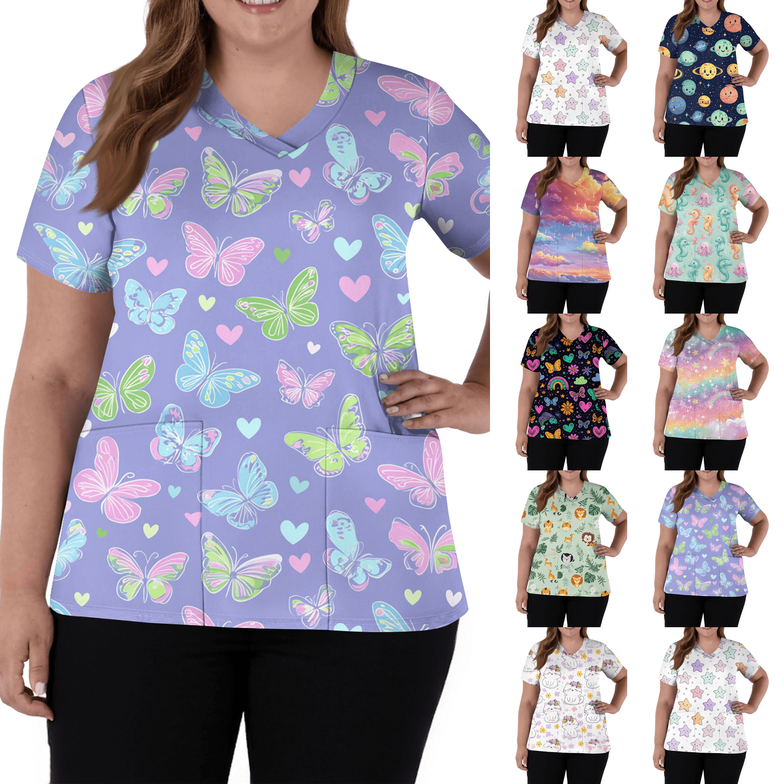 Scrubs for Women V Neck Cute Printed Scrub Tops Medical Nurse Shirt Soft Casual Uniform with Pockets Holiday Sky Blue S