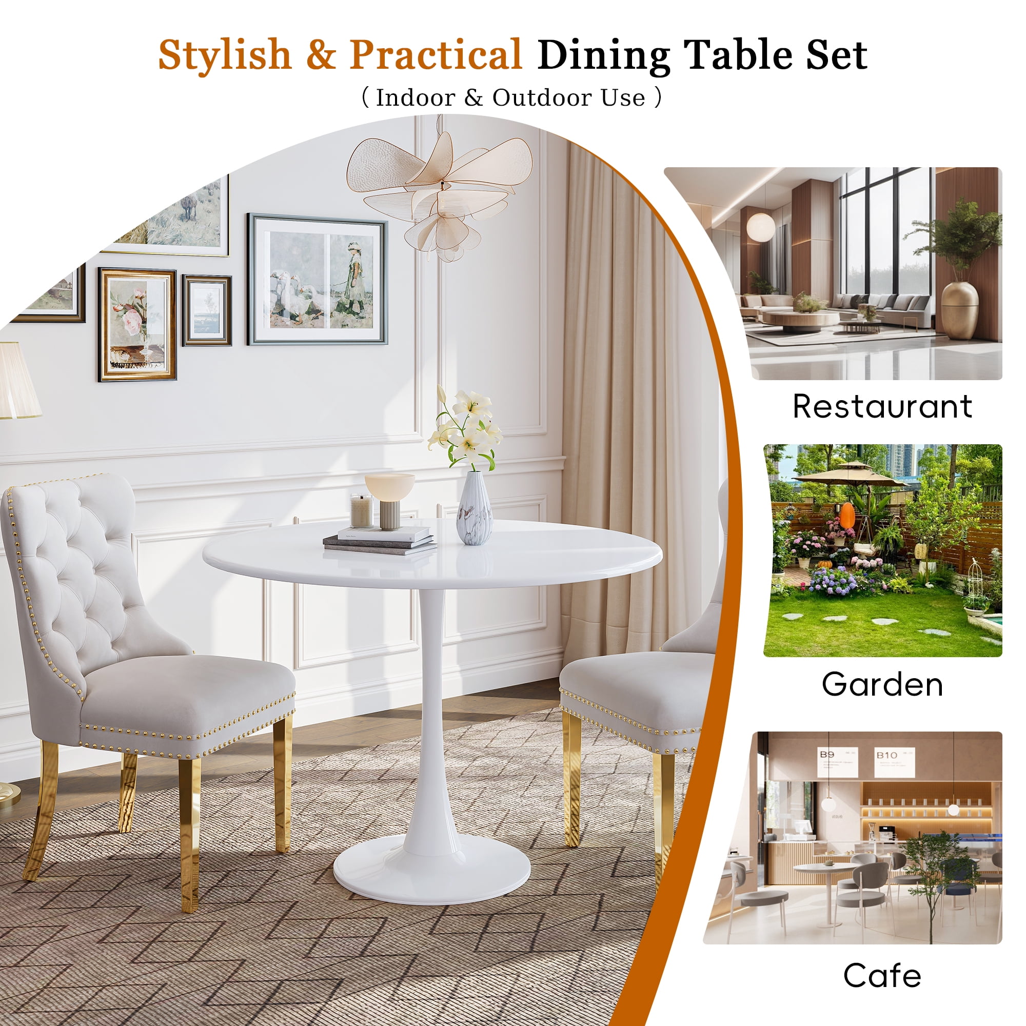 5-Piece 31.5" Round Dining Table Set, Mid-Century Modern All-Metal Kitchen Table with Velvet Nailhead Trim Chairs & Stainless Steel Legs, for 4, Small Spaces, Apartments, Living Room