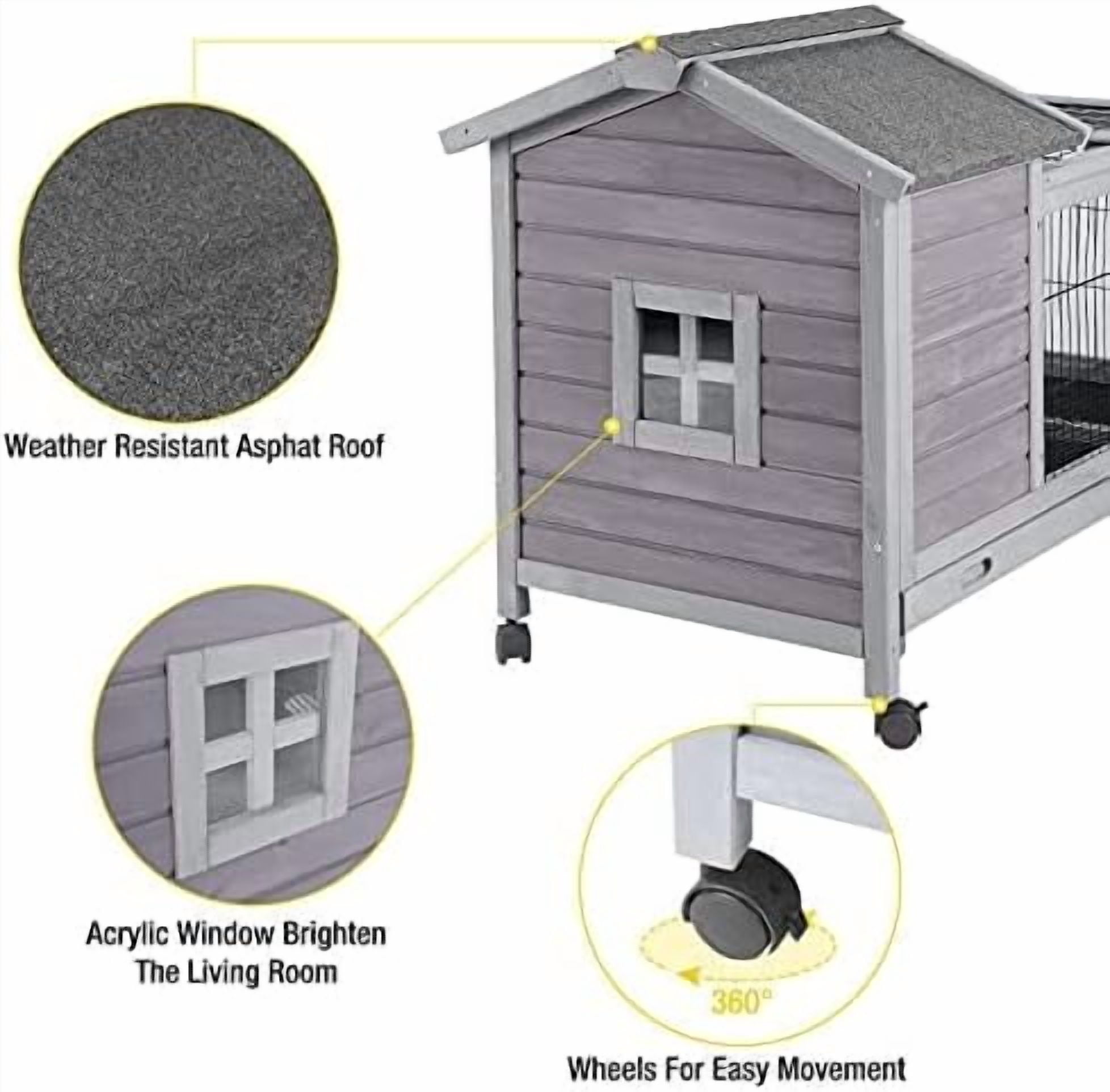 Wooden Rabbit Hutch with Removable Wire Floor Grid, Bunny Cage with Deeper Leakproof Tray 4 Wheels Include