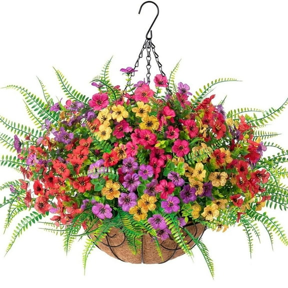 Artificial Faux Hanging Outdoor Flowers Plants Basket for Summer Outside Decoration, Fake Silk UV Resistant Look Real Colorful Daisy Fern in Planter for Home Porch Patio Garden Yard Decor