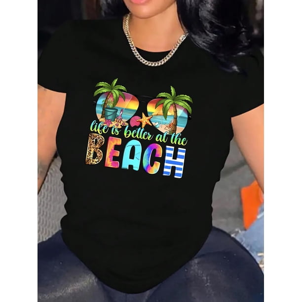 Women's Casual Round Neck T-Shirt with Colorful Beach Fashion Glasses Print, Stretchy Polyester and Spandex Blend, Machine Washable - Summer Fashion Top, English Pattern, Short Sleeve, Holiday Comfor