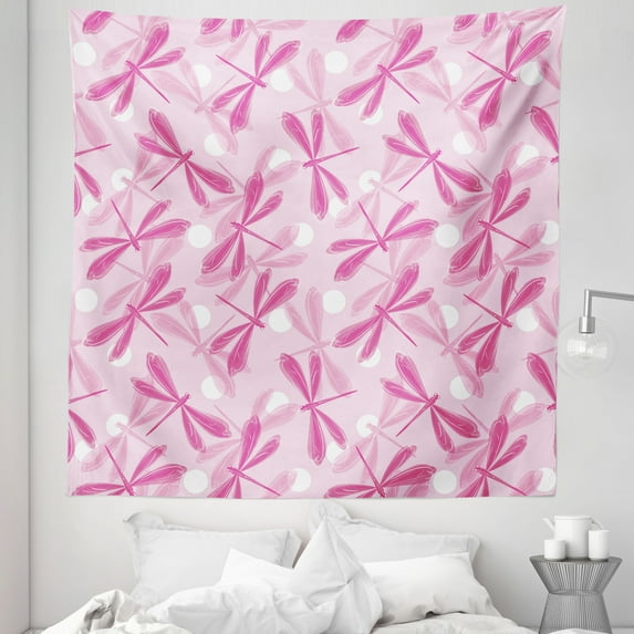Dragonfly Tapestry, Vibrant Spring Theme Beauty Pattern with Winged Inspirational Insect Image, Fabric Wall Hanging Decor for Bedroom Living Room Dorm, 5 Sizes, Pale Pink Fuchsia, by Ambesonne