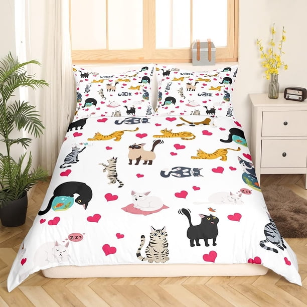 Gato Funda Nórdica Queen Size Red Hearts Funda de edredón Cute Kitten juego de cama
