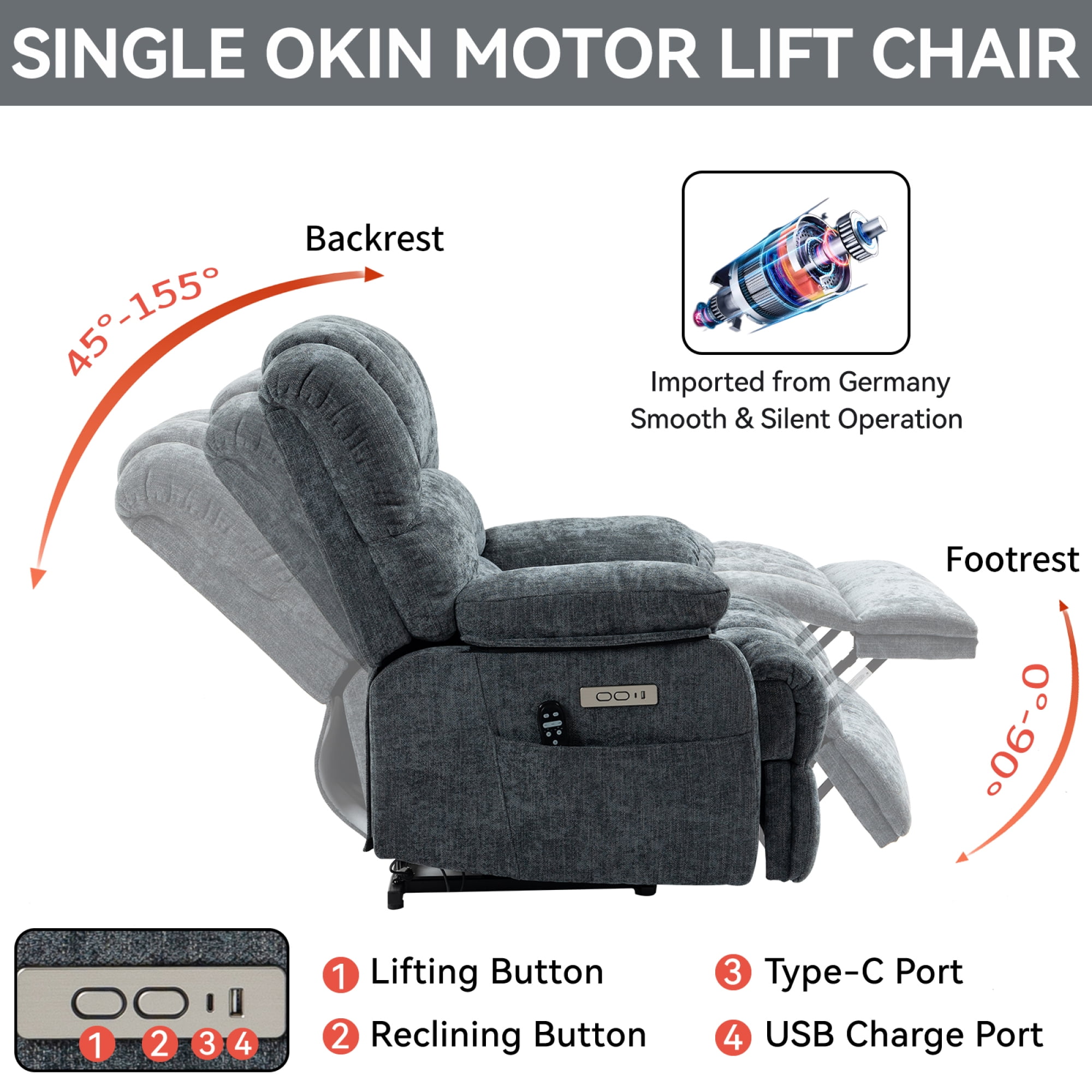 Leumius Power Lift Recliner Chair for Elderly with Vibration Massage and Lumbar Heating,23.5" Extra Wide Single Sofa with High Back,Side Pocket,USB Charge Port for Living Room,Blue-gray