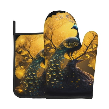 

Zeuib Elegant Gold Leaf Peacock Print Oven Mitt & Pot Holder Set 2-Pack Kitchen Gloves and Hot Pads for Cooking BBQ Grilling Baking