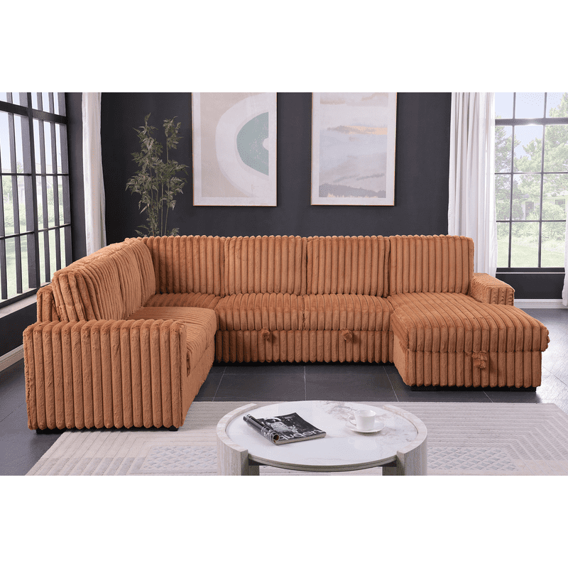 Oversized 122" U-Shaped Sectional Sleeper Sofa Bed with Pull-Out Bed,Storage Chaise,Rabbit Plush,7-Seat, Orange