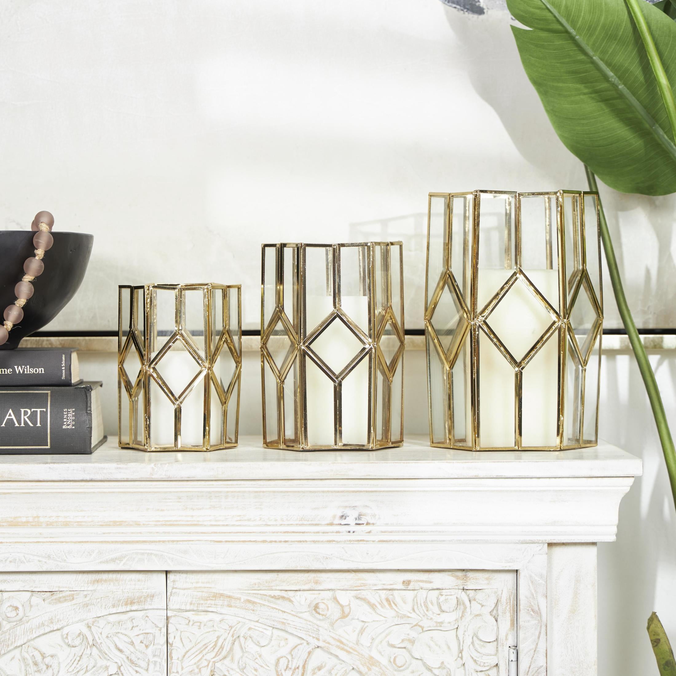 CosmoLiving by Cosmopolitan 3 Holder Gold Metal Geometric Diamond Patterned Hexagon Candle Lantern with Clear Glass, Set of 3