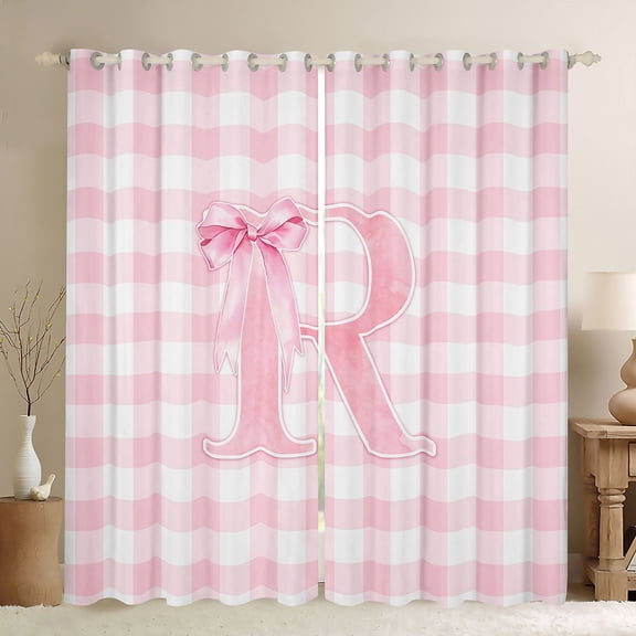 Manfei Pink Geometric Gingham Letter R Blackout Curtains,Personalized Monogrammed Gifts Window Curtains Pack of 2 (38x45 Each)