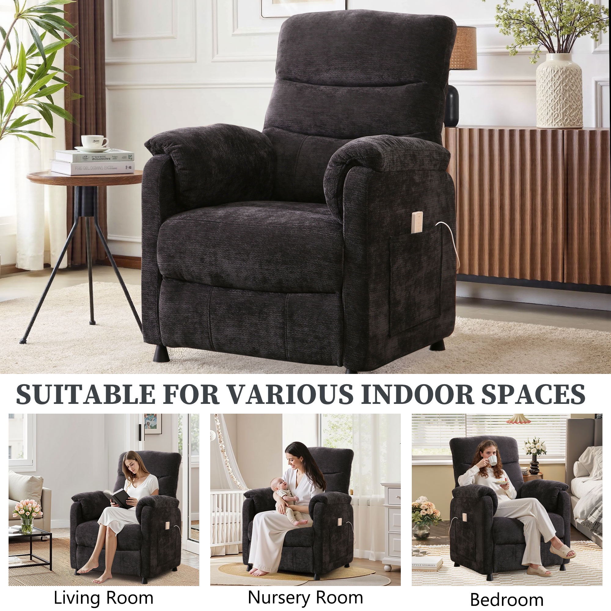 Power Recliner Chair Living Room with Adjustable Backrest and Footrest, Electric Recliner Chair for Adults(Chenille, Black)