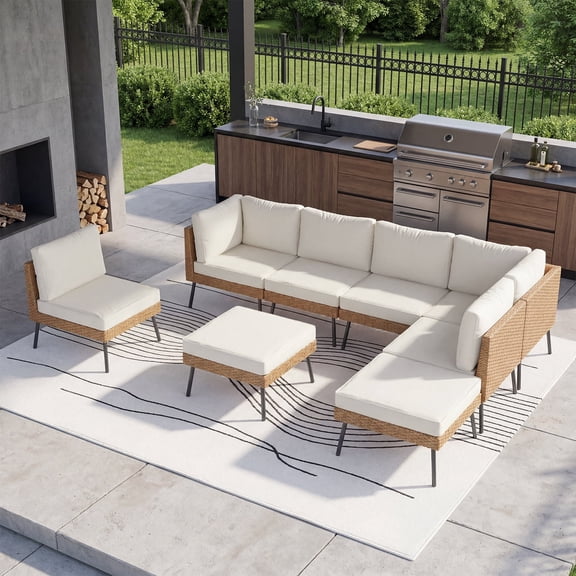 LazySunsets 8-Piece Beige All Weather Wicker Patio Sectional Conversation Set, Thick Water Resistant Cushions & Tempered Glass Coffee Table for Backyard Poolside Porch Garden
