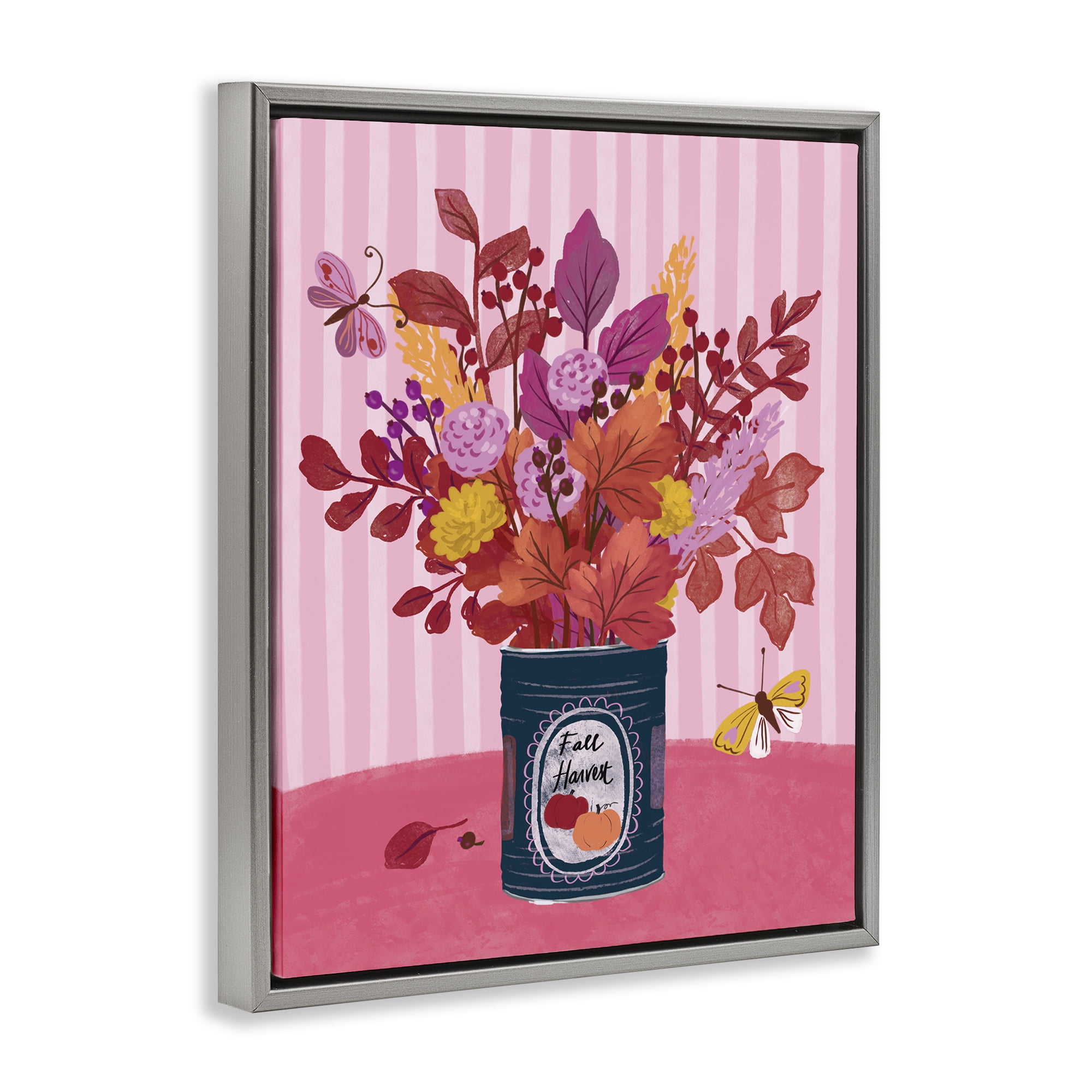 Stupell Industries Fall Bouquet on Stripes Plants & Flowers Painting Gray Floater Framed Canvas Art Print Wall Art, 17 x 21