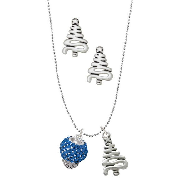 Delight Jewelry Silvertone Blue Crystal Sparkle Spinner Silver tone Zig Zag Christmas Tree Charm Necklace and Stud Earrings