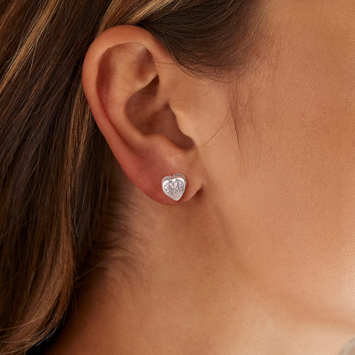 U7 Initial Heart Stud Earrings for Women Letter M Earring Sterling Silver Hypoallergenic Studs CZ Earring Jewelry for Mom Daughter Birthday Mother's Day Gift