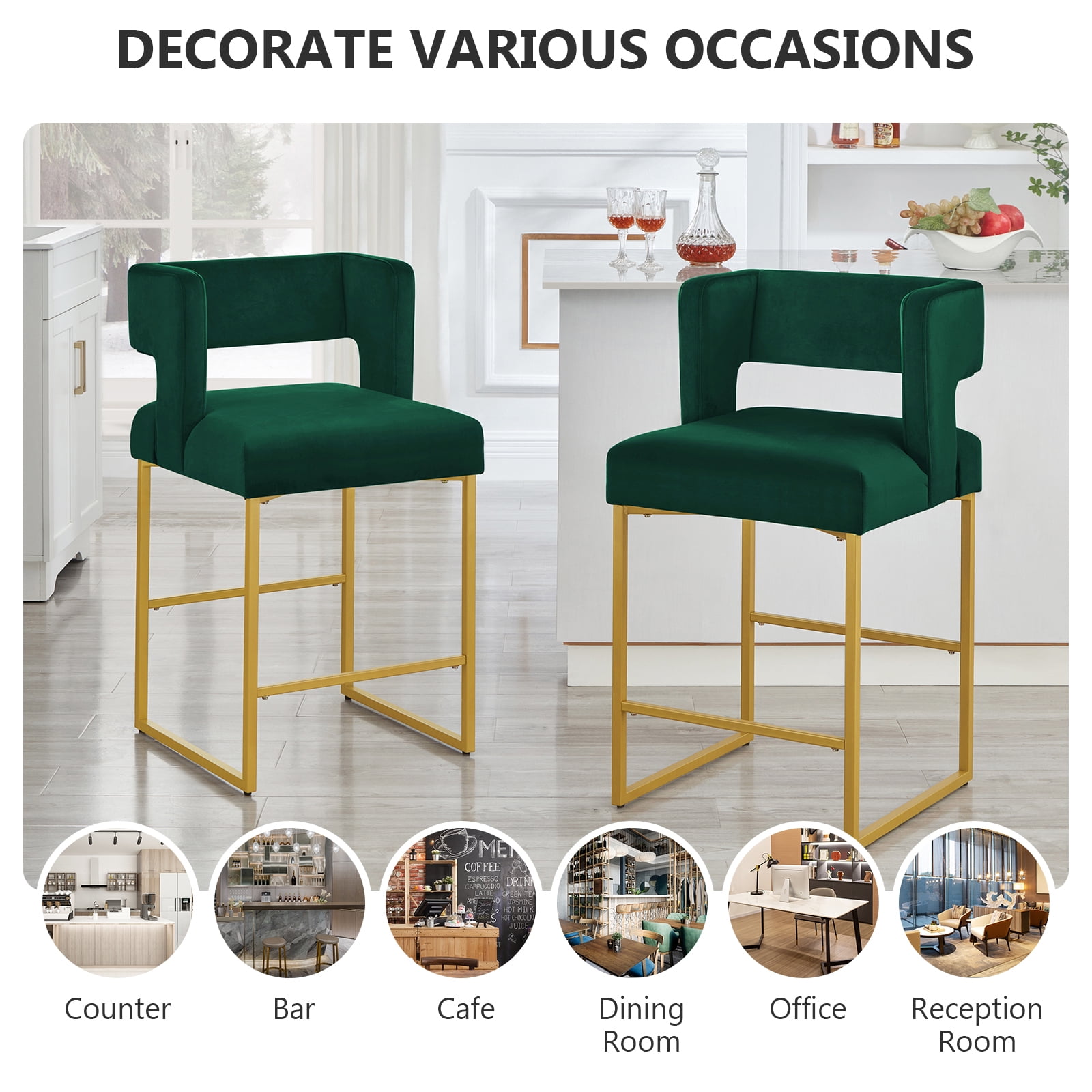 Lecut 26" H Counter Height Bar Stools Set of 2, Modern Velvet Bar Stools with Square Open Backrest and Gold Metal Frame, Kitchen Counter Stools for Island, Home Bar, Pub,Green+Gold