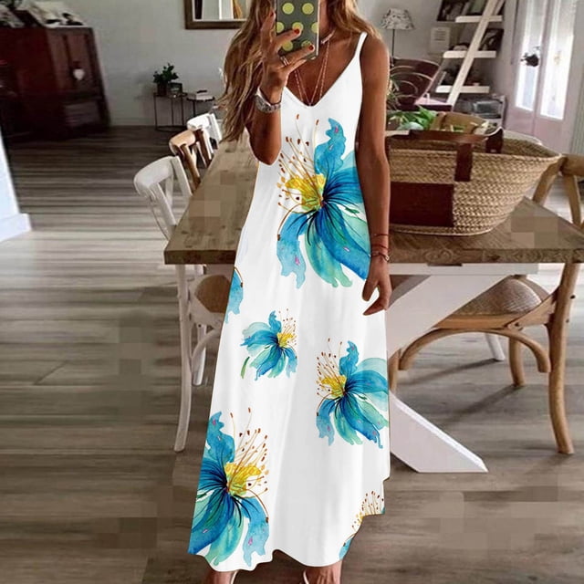 Meichang Robes Maxi Décontractées pour Femmes Col en V Sans Manches Longue Robe Été Plage Cami Robes Mode Imprimé Floral Robe d'Été