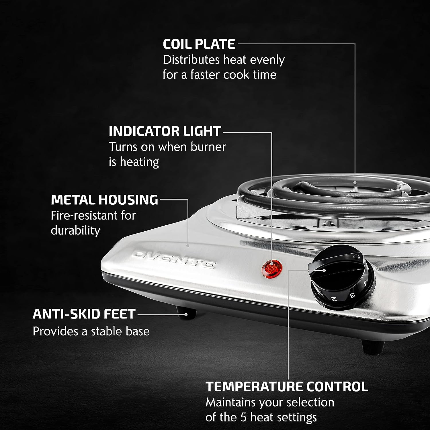 Ovente Electric Double Coil Burner 6 Inch Plate with Adjustable Temperature  Control (BGC102S)