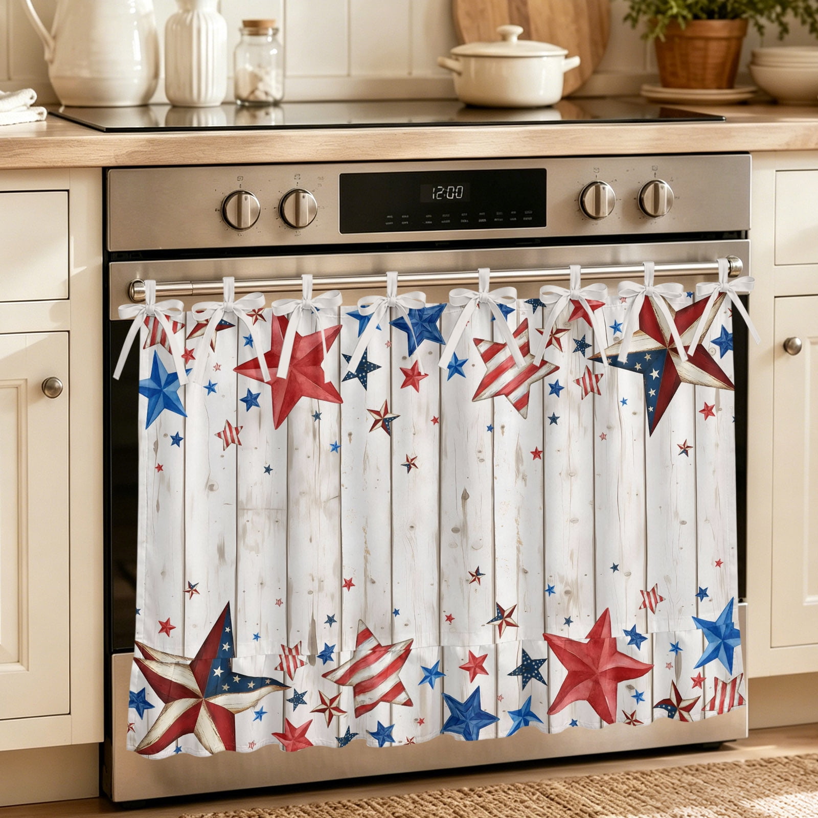 4th of July Oven Skirt for Farmhouse Kitchen D&eacute;cor Independence Day Star Vintage American Oven Curtain Tie Top Decorative Stove Skirt Cabinet Dish Washer Curtains with 8 Ribbon Ties 30 x21.5
