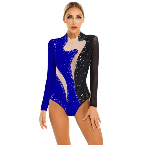 YONGHS Womens Shiny Rhinestone Long Sleeve Ballet Dance Leotards Gymnastics Bodysuit Top Black&Royal Blue L