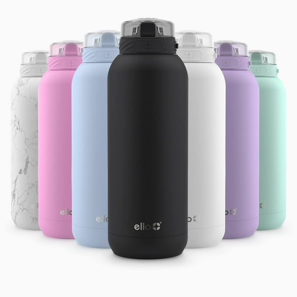 Ello Cooper Botella de agua de acero inoxidable de 32 oz con pajita y asa de transporte, doble pared y metal aislado al vacío, tapa de bloqueo a prueba de fugas con boquilla de silicona suave, reutili