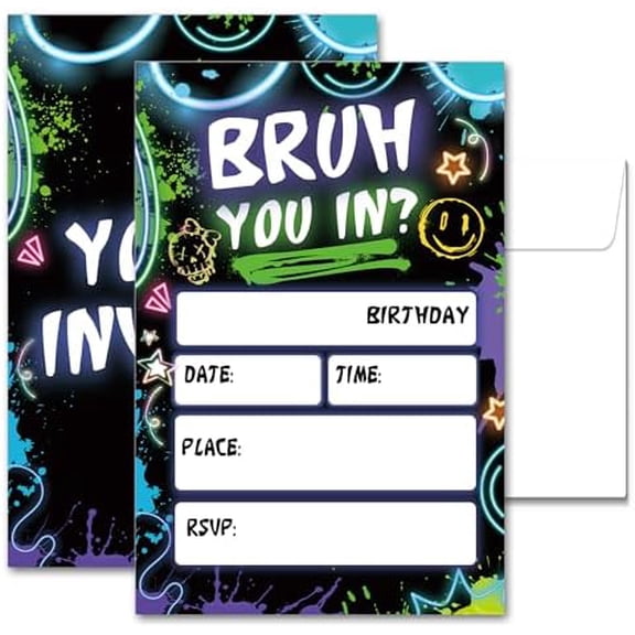 Neon Bruh Birthday Invitation Cards, 20 Pack Party Invitations Cards with Envelopes For Birthday, Blue and Green Graffiti Invitations for Boys and Girls Party Decorations Supplies (4''x6'')