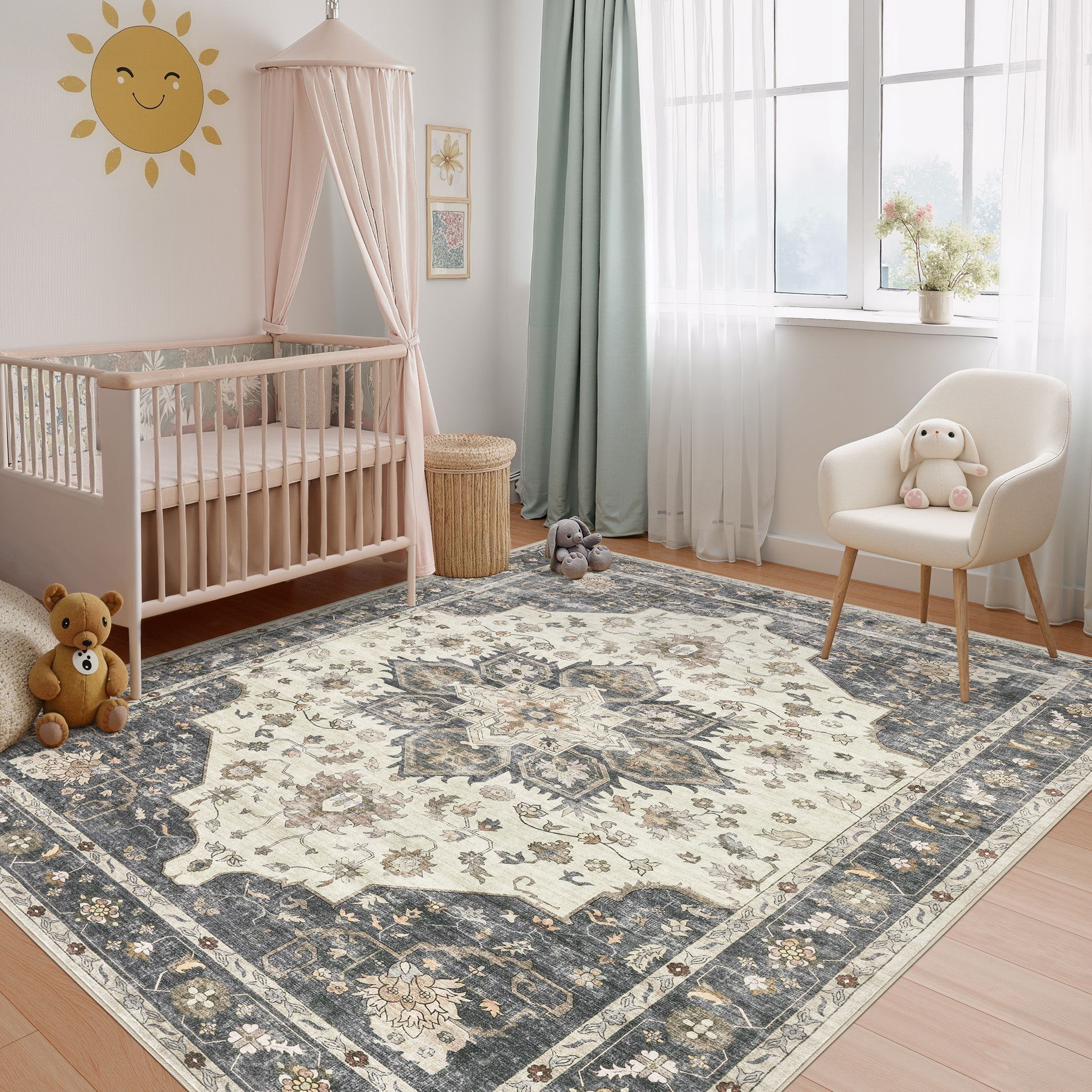 Uermei 6'x9' Vintage Traditional Area Rug: Washable Non-Slip Farmhouse Distressed Indoor Carpet for Living Room Bedroom Dining Room - Beige Blue