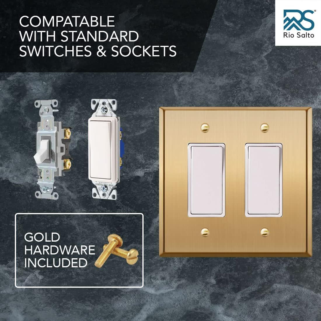 Rio Salto Metal Gold Outlet Cover or Light Switch Cover Wall Plate, 10-Pack STANDARD SIZE, 2-Gang Corrosion Resistant Single Duplex Receptacle Wallplate Covers Brushed Brass Rocker Outlet