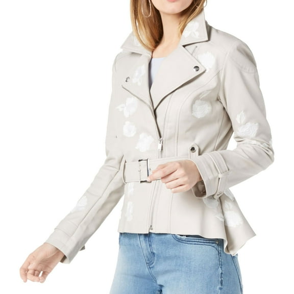 I.N.C Womens Embroidered Motorcycle Jacket, Grey, X-Large