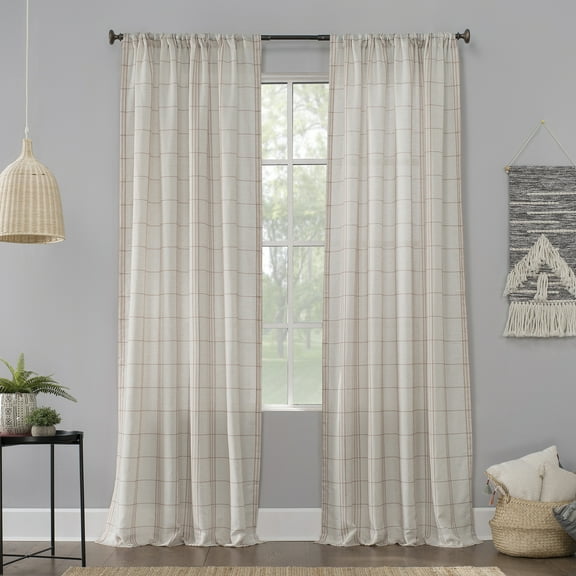 No. 918 Castille Farmhouse Plaid Linen Semi-Sheer Rod Pocket Curtain Panel, 54"x63", Blush
