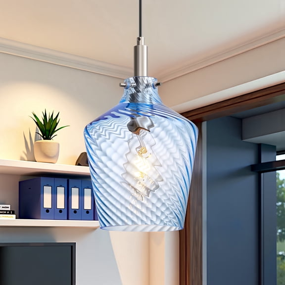 Deyidn 8-Inch Modern Blue Striped Glass Pendant Light with Adjustable Height, 1-Light Nickel Ceiling Fixture