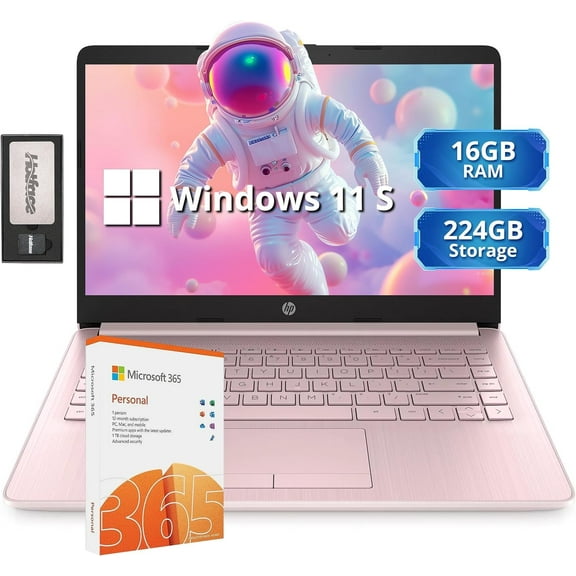 HP Stream 14" HD Lightweight Laptop, Intel 4-core CPU, 16GB RAM, 224GB Storage(64GB eMMC   160GB Docking Station), Intel Graphics, HD Webcam, 1 Year Office 365, WiFi, Bluetooth, Win 11s, Pink