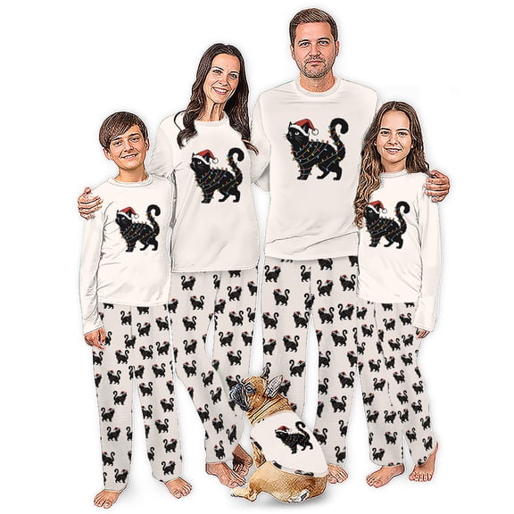 Black Cat Matching Family Christmas Pajamas With Dog, Christmas Lights Cat Holiday PJs, Plus Sizes, With Pockets