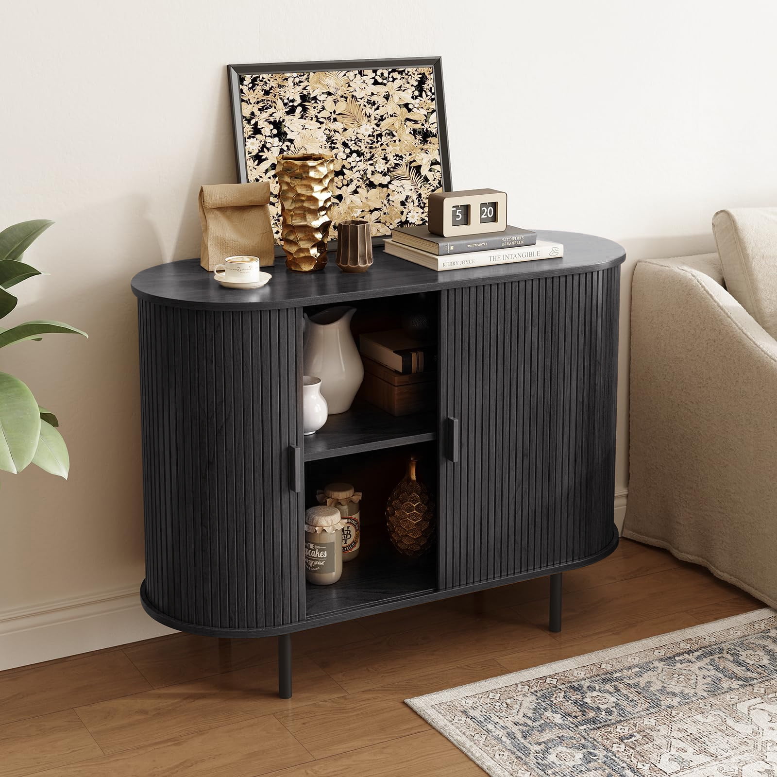 MARNUR Sideboard Buffet Cabinet 40" Storage Cabinet with 2 Sliding Tambour Doors, Adjustable Shelves for Office Bedroom Hallway Entryway, Black