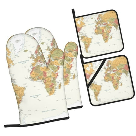 

Tebeau World Map 1 Print 4 Pcs Oven Mitts and Pot Holders 500°F High Heat Resistant Kitchen Oven Mitts with Pot holders Long Oven Mitts for Baking and Cooking