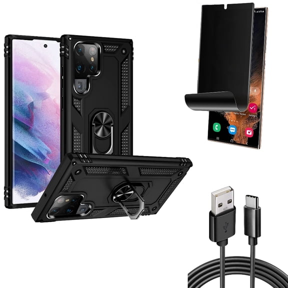 6ft USB Cable & Hybrid Case Cover & Privacy Screen Protector for Samsung Galaxy S22 Ultra (6.8") - Combo Type-C Charger Cord Power & Metal Ring Kickstand & TPU Film (Fingerprint) Anti-Peep