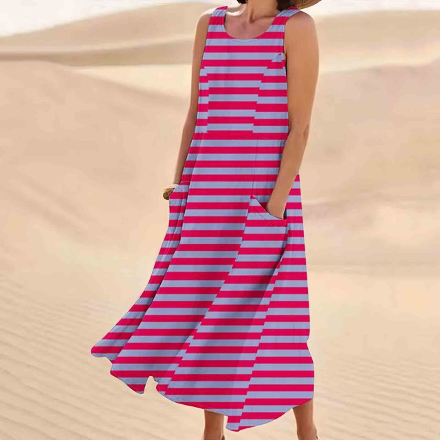 FcBaudy Robe Sans Manches Col Rond, Robes d'Été pour Femmes, Robes Femmes Robe Longue Imprimée Sans Manches et en Lin Col Rond Robe Femmes
