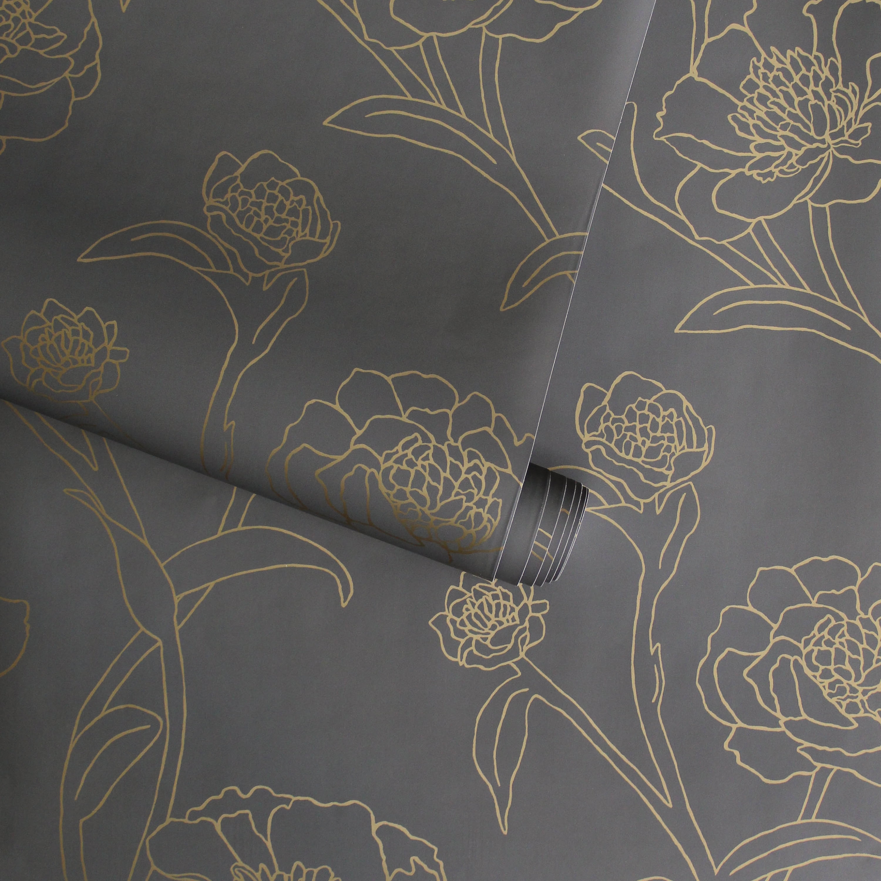 Tempaper Peonies Metallic Gold and Noir Floral Peel and Stick Wallpaper, 20.5" x 16.5'