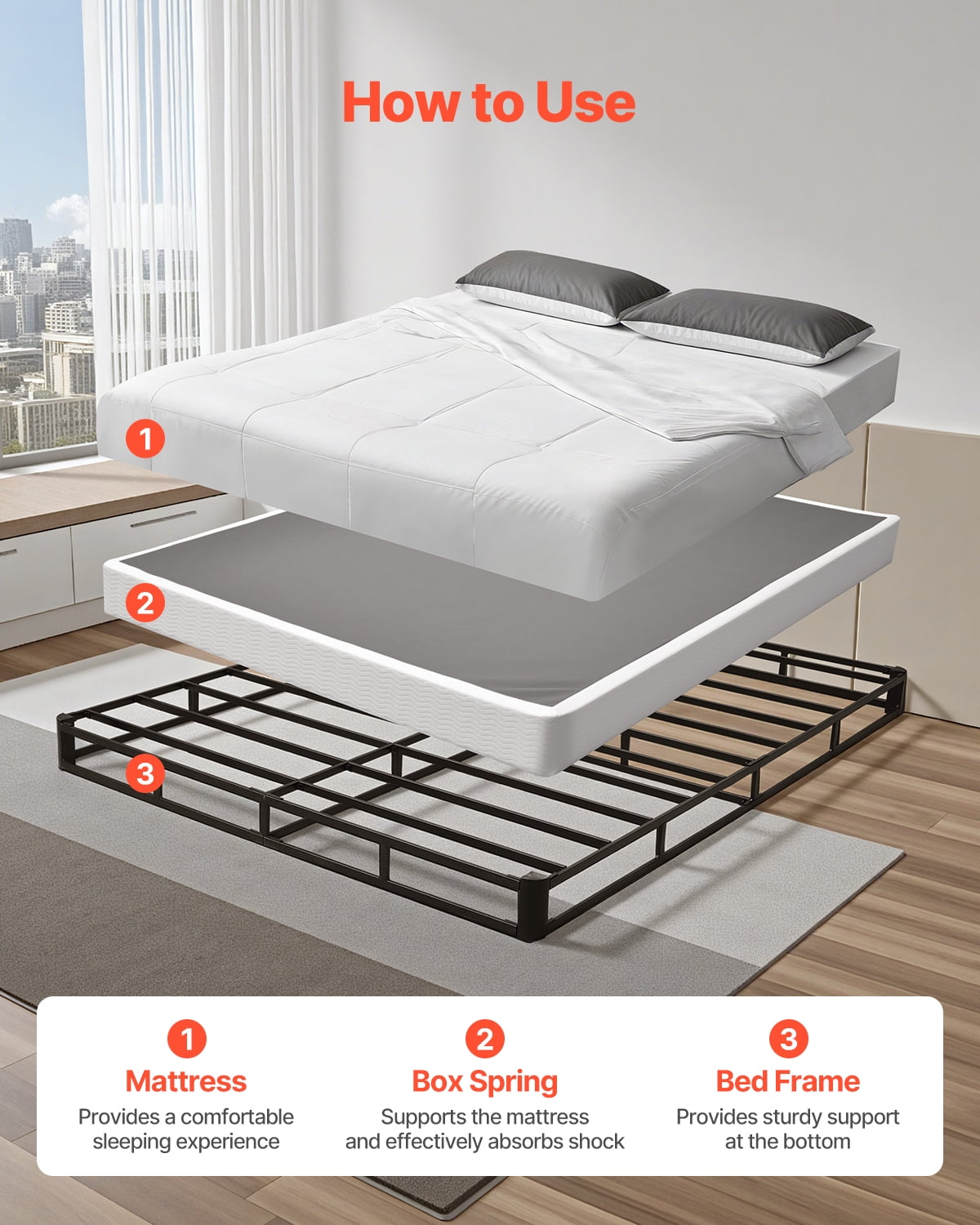 VEVOR Box Spring, Queen Size Bed Frame with Washable Fabric Cloth, Heavy Duty Metal Frame for Queen Bed, 5 in Mattress Foundation, 3500 lbs Max Weight Capacity, Easy Assembly
