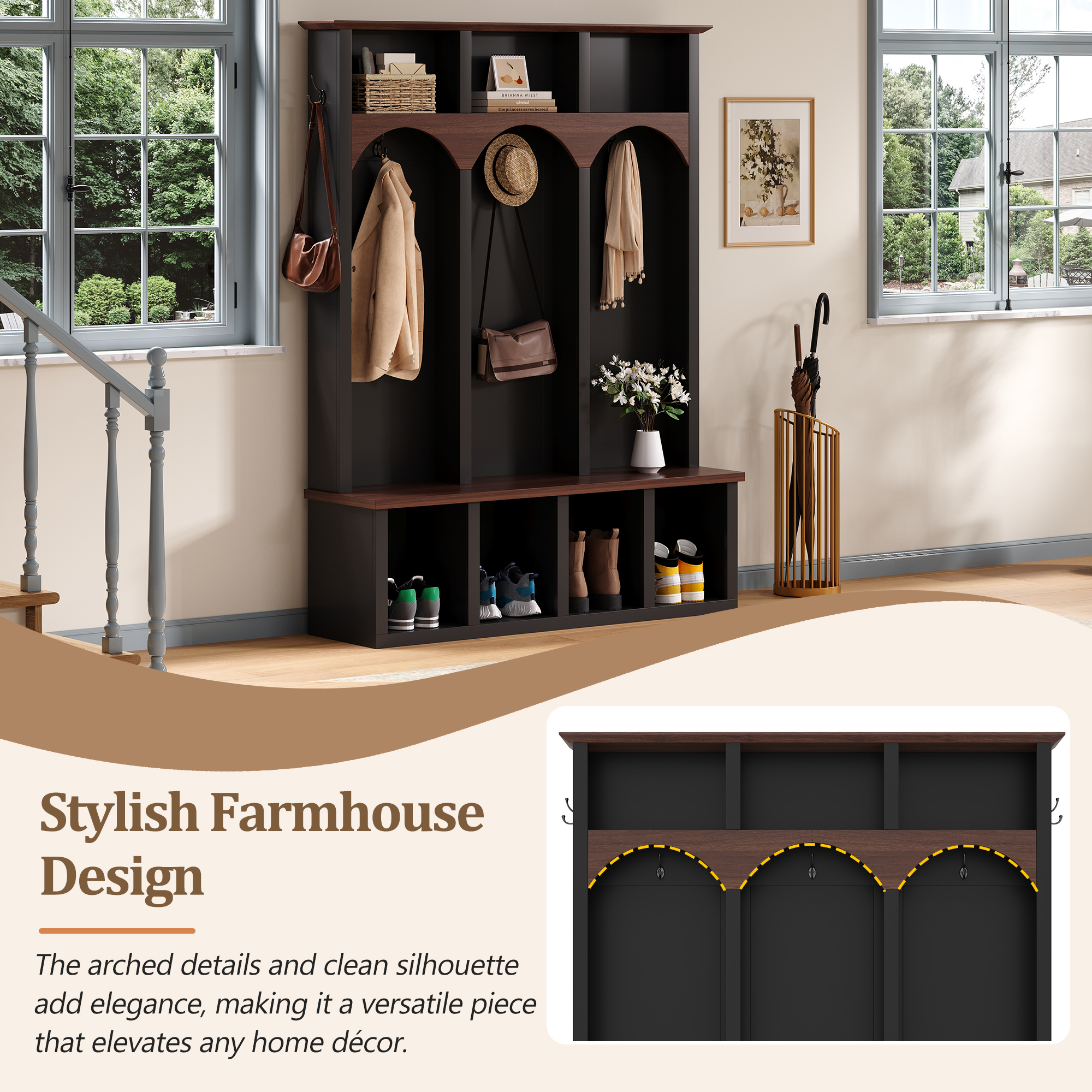Euroco Farmhouse Wooden Style Hall Tree with Arched Design, Practical Entryway Walnut Storage Bench with 5 Black Hooks, Minimalist 4-in-1 Hallway Shoe Cabinet with 7 Cubbies