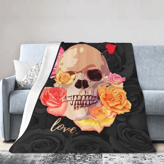 DouZhe Ultra-Soft Micro Fleece Lightweight Flannel Bed Blanket, Cupid Arrow Rose Skull Print Cozy Warm Throw Blankets, 80"x60"