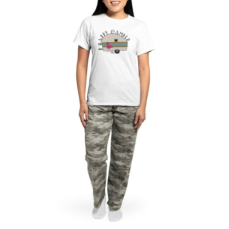 CafePress Happy Camper Pajamas Women s Short Sleeve Print T Shirt and Pants Light Cotton Pajama Set
