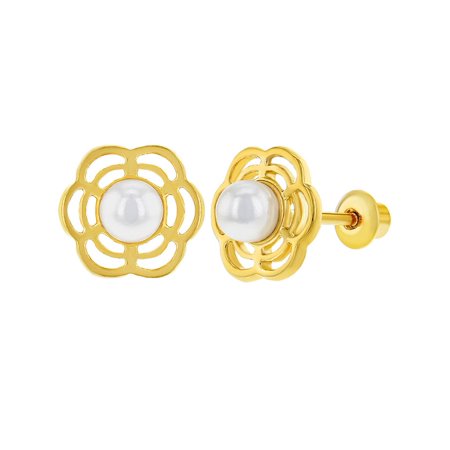 18k Gold Plated Flower White Simulated Pearl Screw Back Baby Earrings 3mm