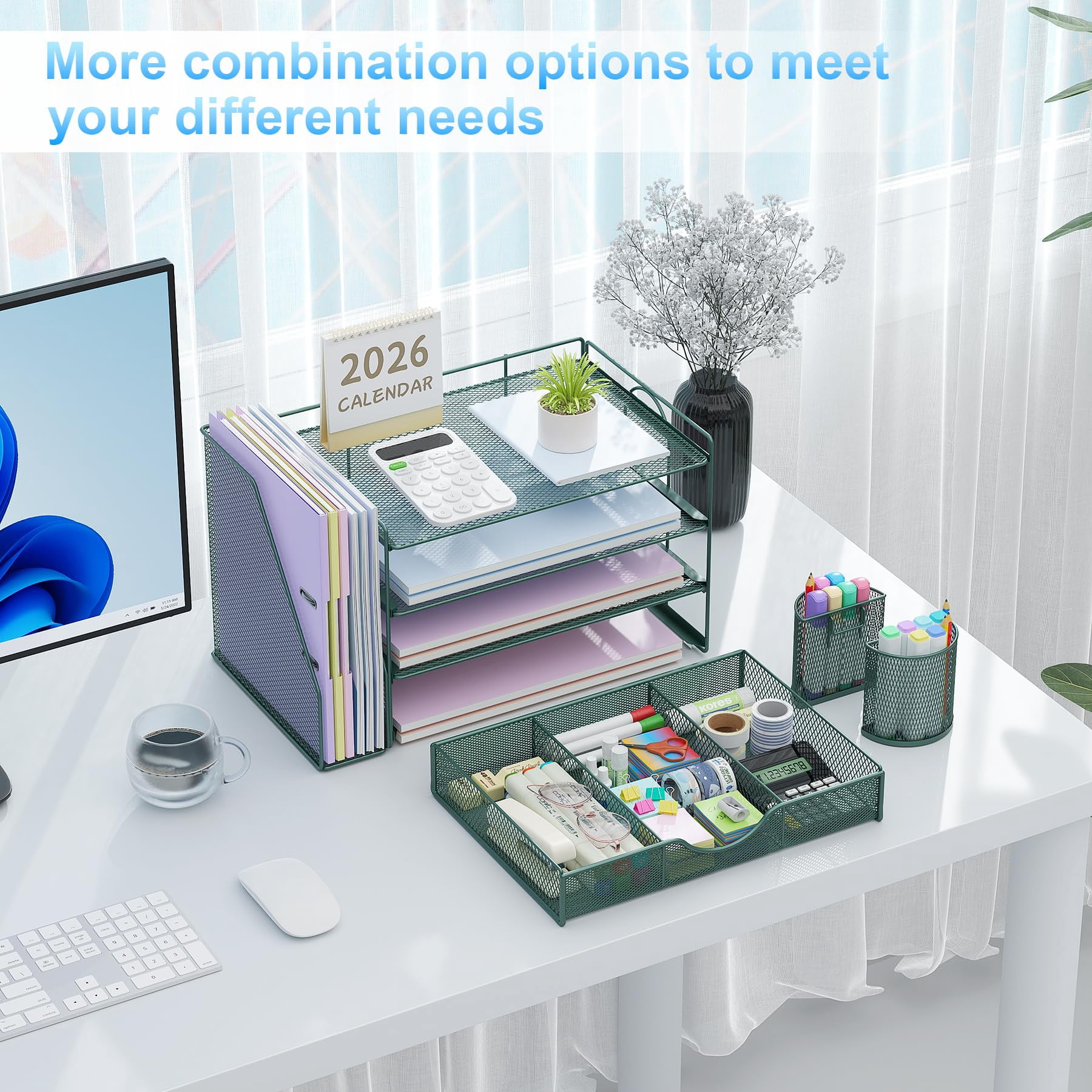 4-tier Desk Organizer With Drawers  File Holders Letter Trays And Pen - Workspace Accessories For Office Supplies (green)