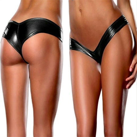 Vintage Metal Leather Thong - iLH Women Sexy Bare Imitation Leather Underpants Lingerie Lady Bikini Thongs