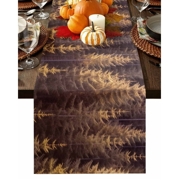 Fall Table Runner Thanksgiving Forest Branch Leaves Table Runners Pine Plant Nature Purple Yellow Cotton Linen Dresser Scarf Kitchen Dining Table Decor for Fall Holiday Party Decor 13x36 Inch