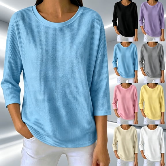 Waffle Knit Blouses for Women Crew Neck 3/4 Sleeve Loose Fit Polycotton Shirt,Sky Blue Size XL