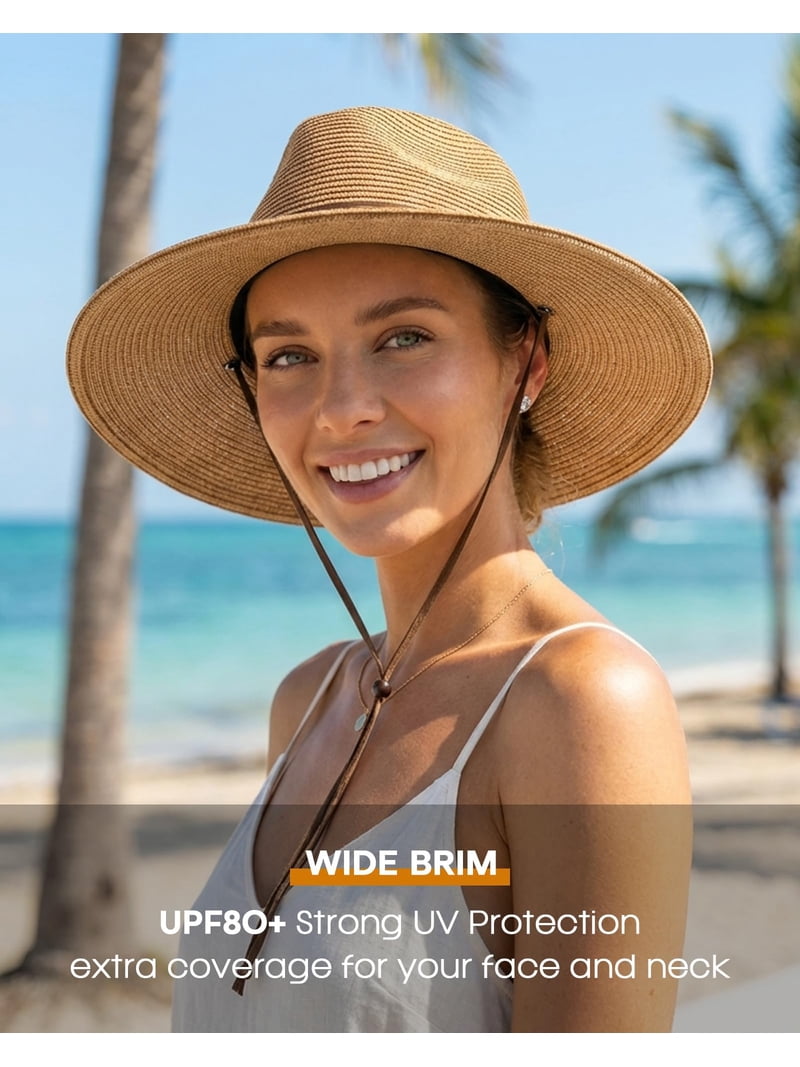 Wide Brim Straw Fedora Sun Hat with Wind Lanyard UPF 80+ FURTALK Womens Summer Straw Sun Hats Wide Brim Panama Fedora  main image 4